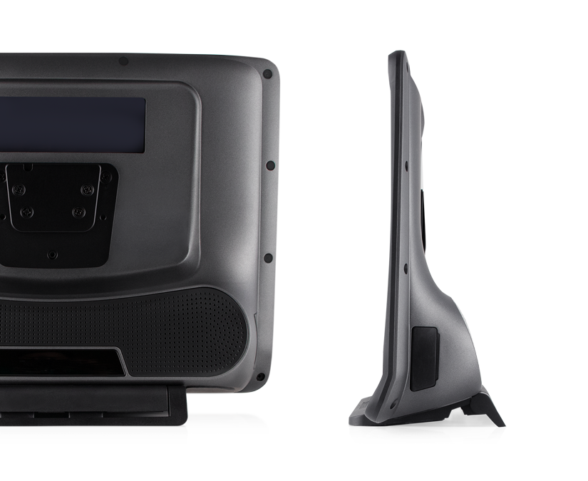 Tobii Dynavox TD I-16 AAC device rear view featuring Partner Window, speaker, mounting plate and Adjustable Base