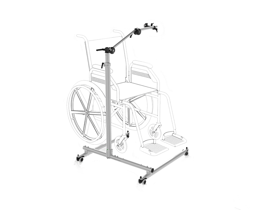 Tobii Dynavox Rehadapt FS-Vario Floorstand featuring a base that fits around a wheelchair