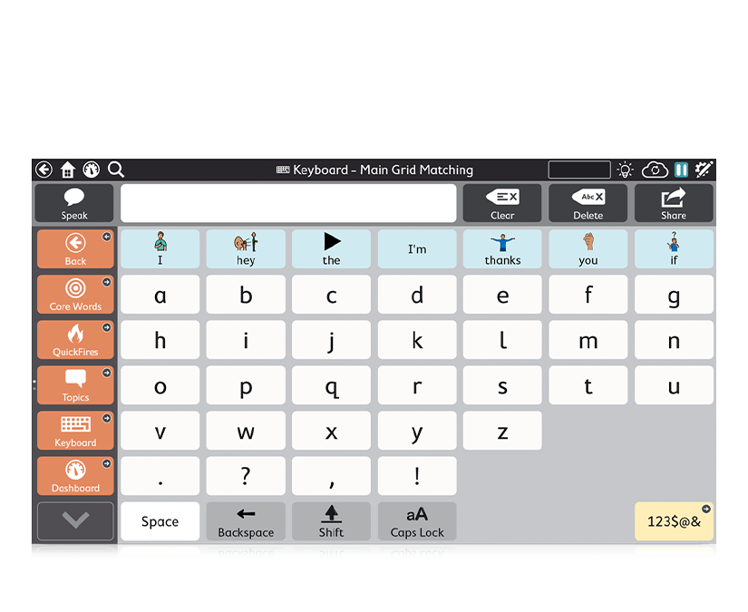 Tobii Dynavox TD Snap Core First page set featuring a keyboard