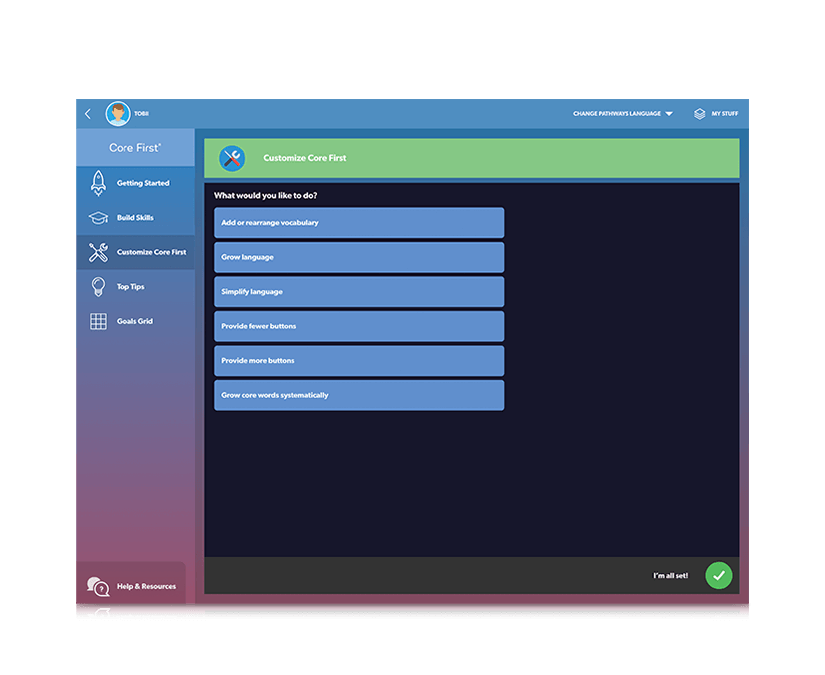Tobii Dynavox Pathways for Core First customize Core First page